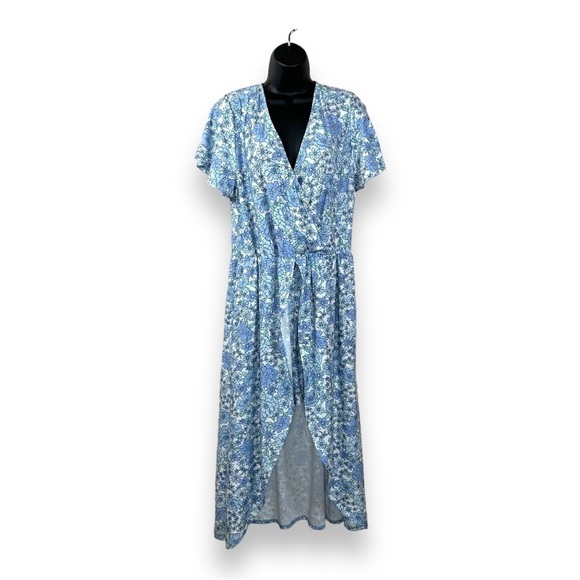 Blue Floral Romper High Low Skirt Back Short Sleeve Stretch V Neck - Picture 1 of 12